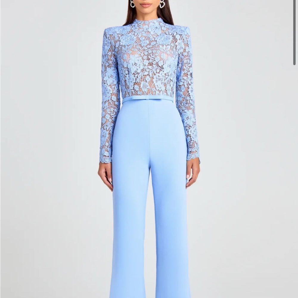 NADINE MERABI Lace Overlay Jumpsuit in Light Blue